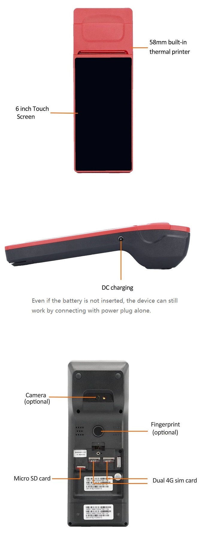 Handheld draagbare Android POS-terminal met printer