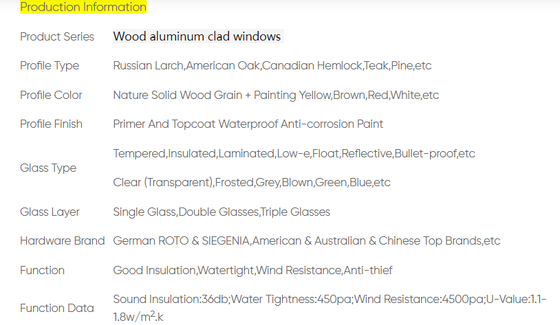 hout aluminium beklede ramen specificaties: