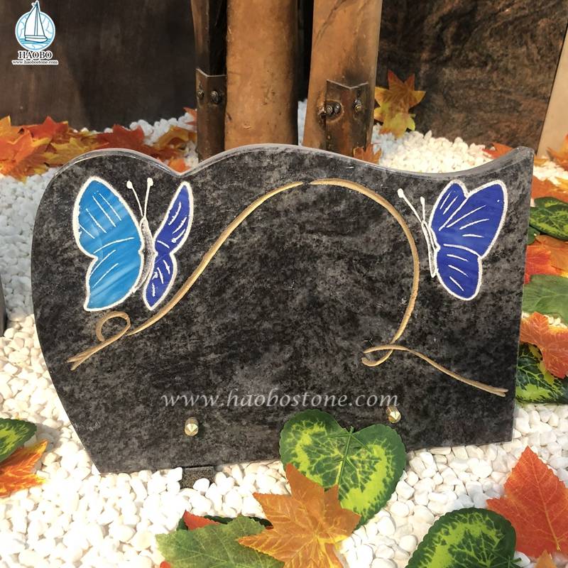 Bahama blauw graniet vlinder etsen grafsteen plaque
