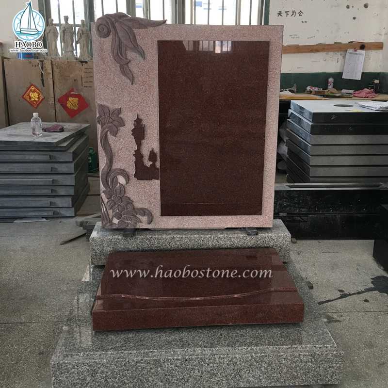 Chinese stijl rode granieten bloem gesneden begrafenis grafsteen
