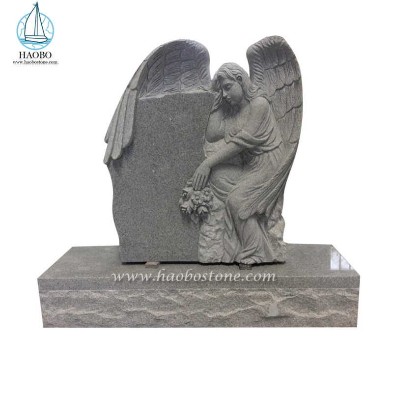 Groothandel Factory Grey Granite Winged Angel Holds Rose Carved Tombstone
