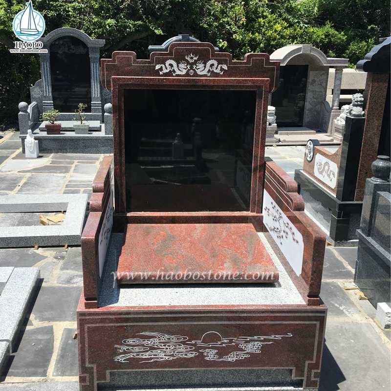 Chinese stijl draak etsen gegraveerd rood graniet begrafenis grafsteen
