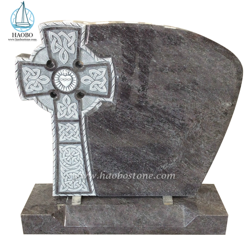 Bahama Blue Granite Celtic Mist Cross gesneden grafsteen
