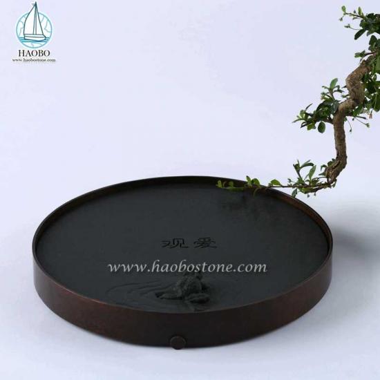 Natuursteen zwart graniet China Design gesneden stenen theeblad
