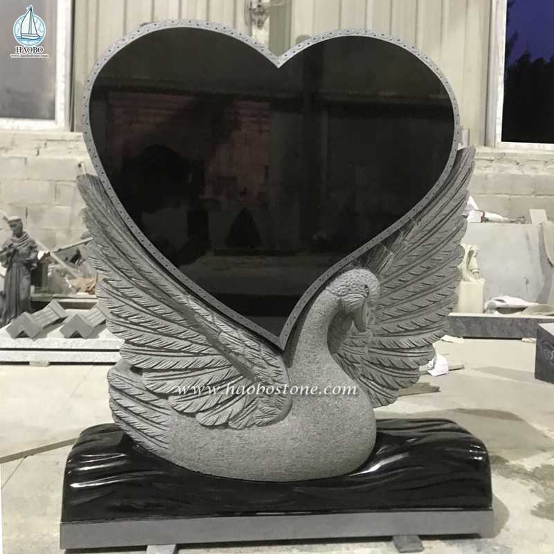 Zwart granieten hartvormige zwaan gesneden begrafenis grafsteen
