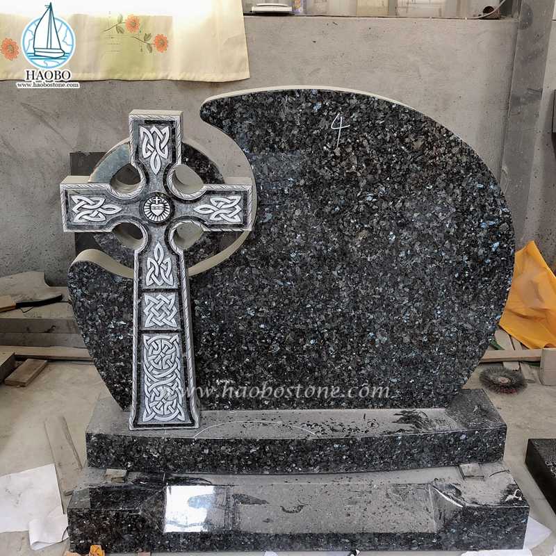 Blue Pearl Granite Keltisch kruis gesneden begrafenis grafsteen
