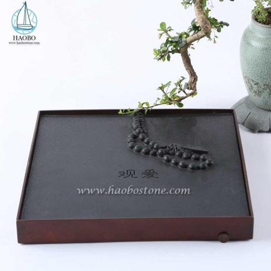 Zwart graniet eenvoudig ontwerp kralen gesneden vierkant theeblad
