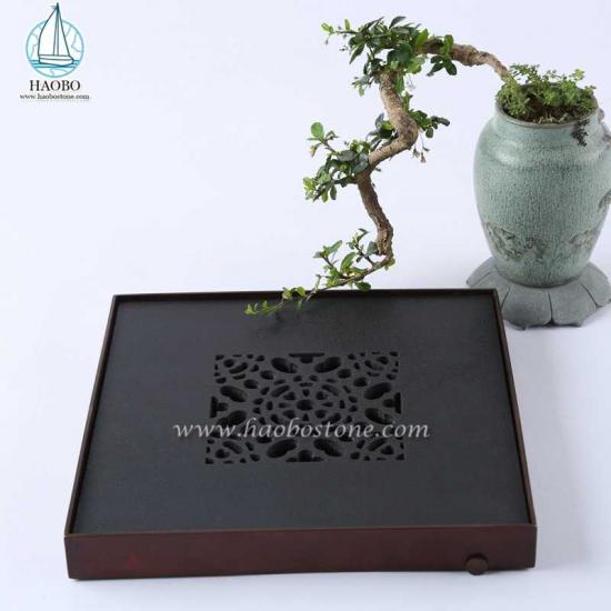 Zwart graniet China Design holle snijwerk vierkante stenen theeblad
