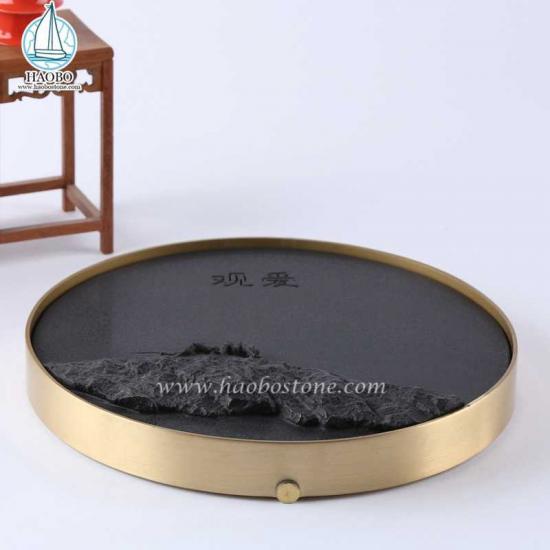 Zwart graniet China Design Insect gesneden stenen theeblad
