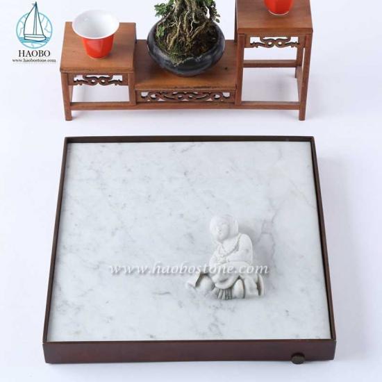 Witte marmeren boeddhistische snijwerk vierkante stenen theeblad

