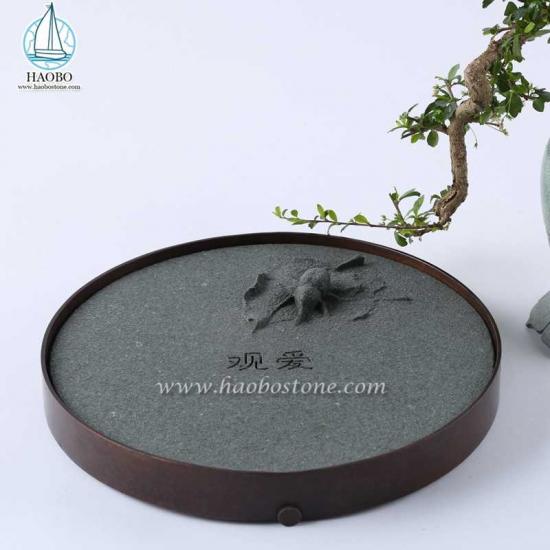 China grijs graniet ronde vormige insecten gesneden stenen theeblad
