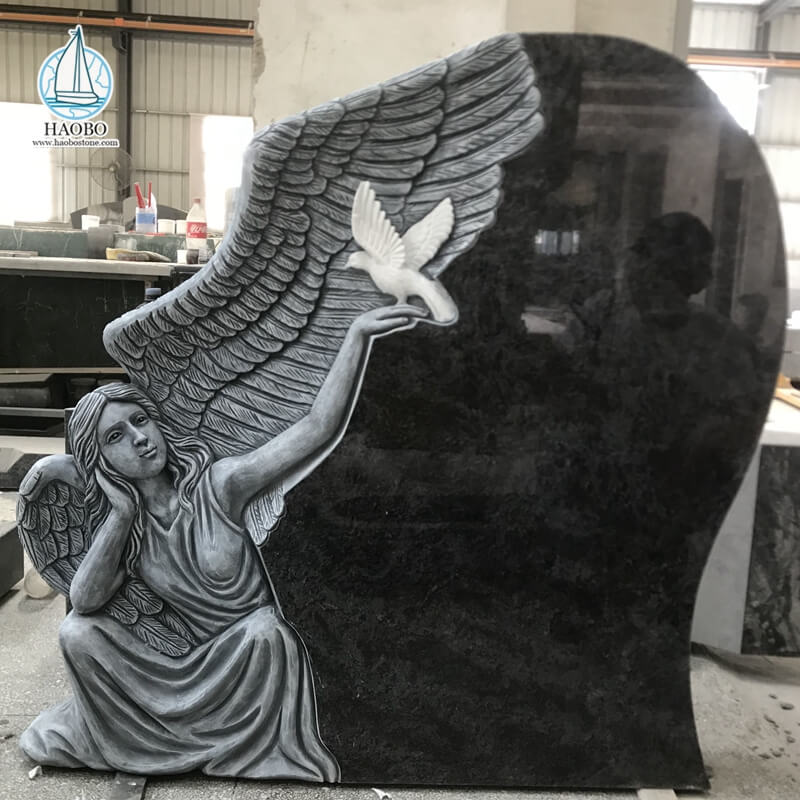 Zwart granieten engel met duif gesneden begrafenis grafsteen
