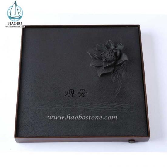 Zwart graniet China Design Lotus gesneden vierkant theeblad
