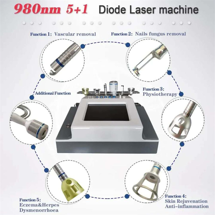5 in 1 pijnloze 980nm Diode Laser Vasculaire Spinaderverwijdering Fysiotherapie Machine met Koude Hamer